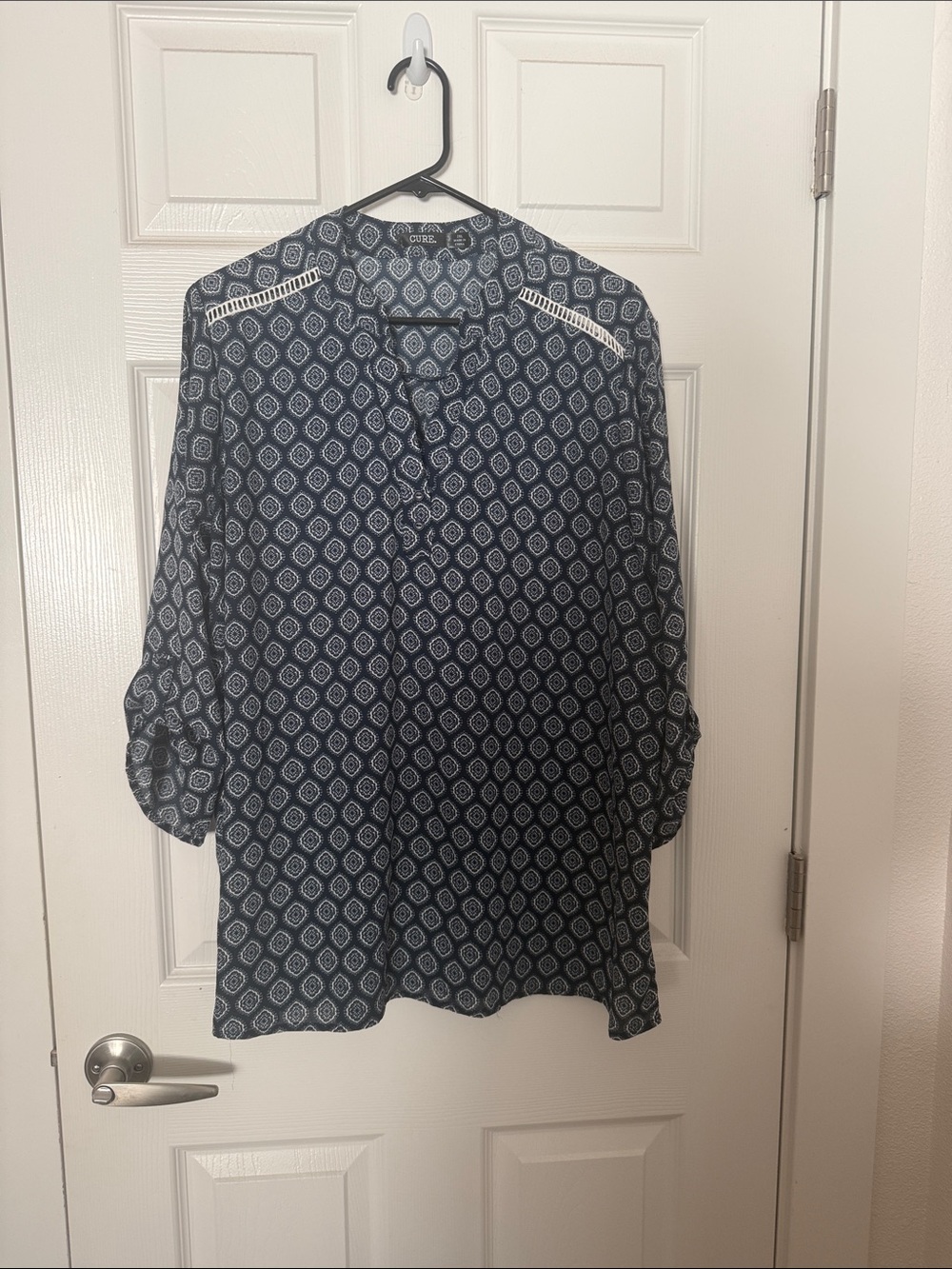 Printed Navy and White Blouse with Lace-Trim Shoulders